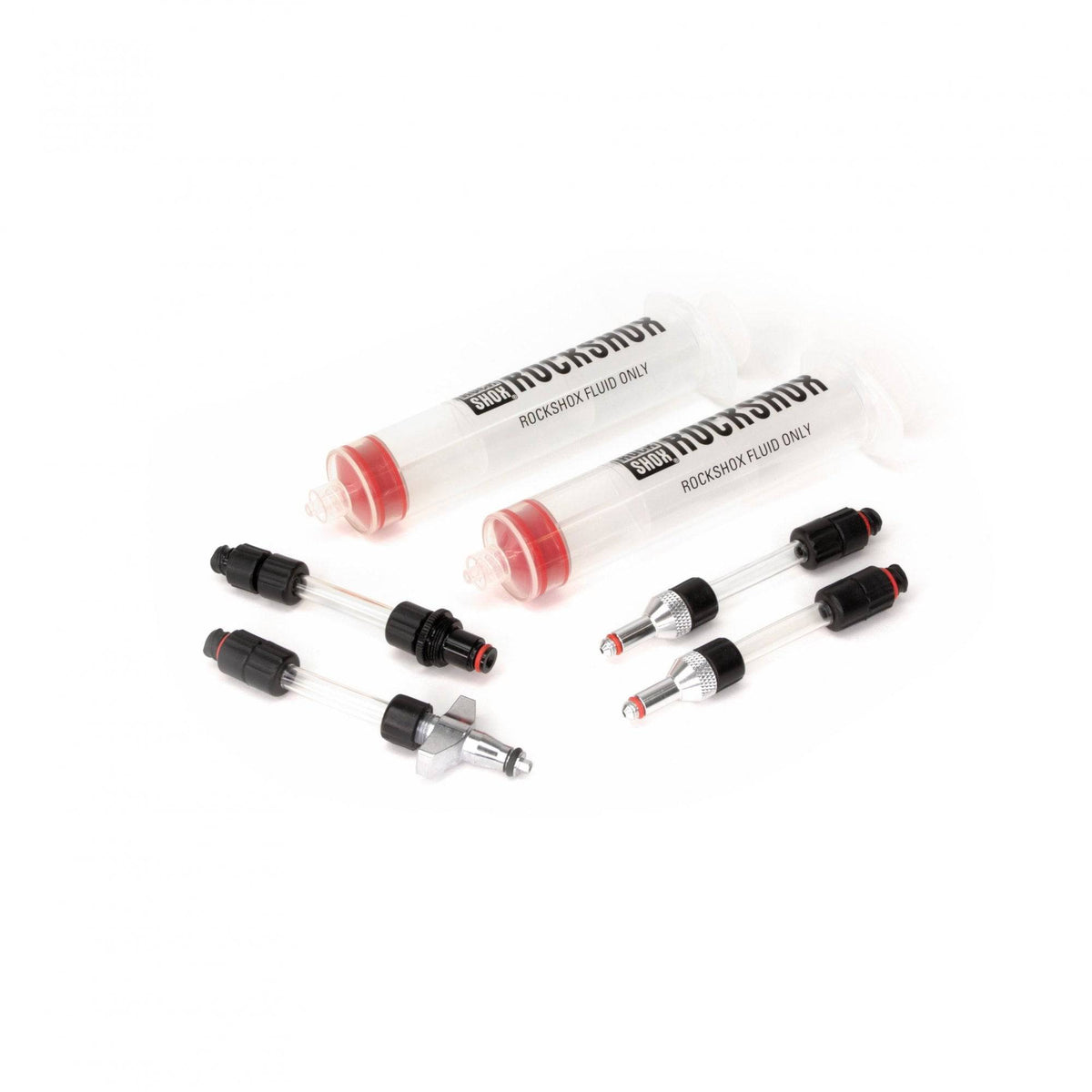 Sram RockShox universal bleed kit with syringes and fittings for suspension and dropper post maintenance.