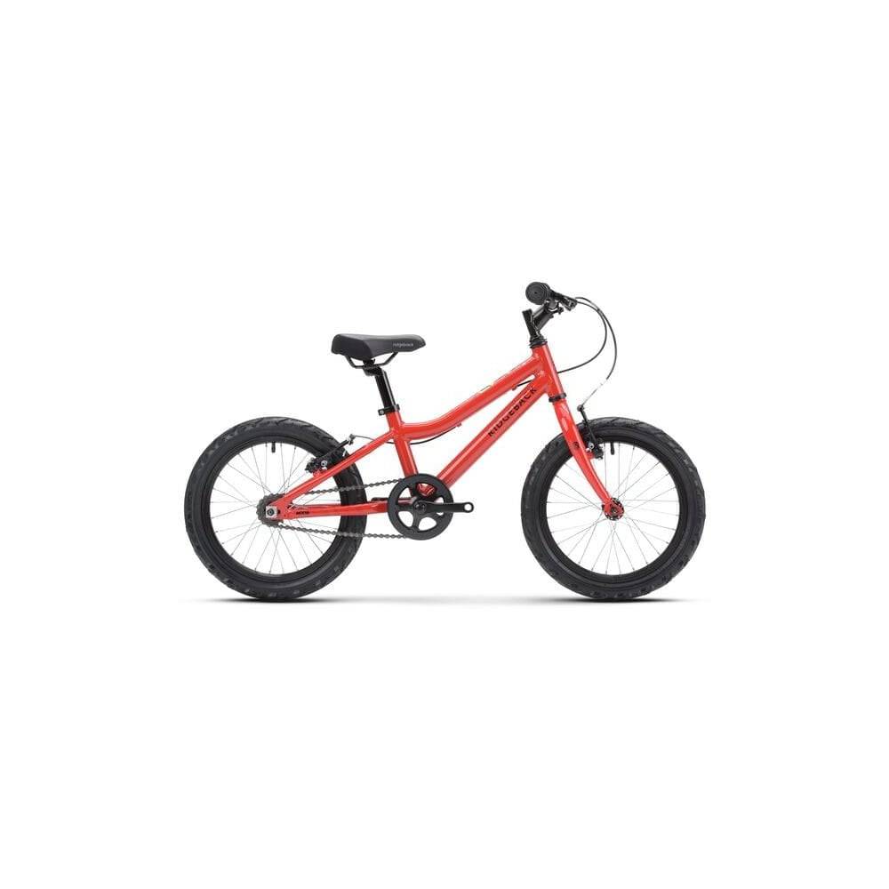 Ridgeback MX16 kids mountain bike with safety features, child’s trail bicycle, black and orange frame, and knobby tires.