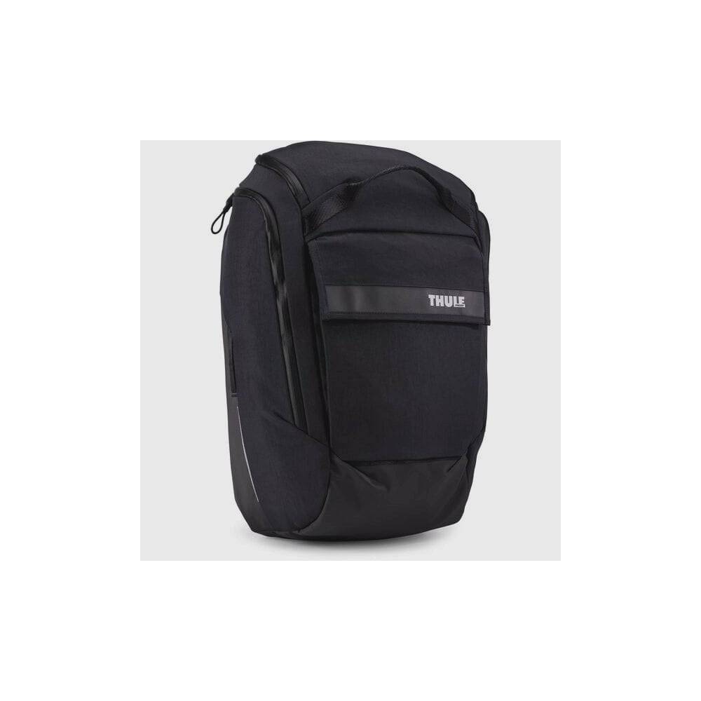 Thule Paramount Hybrid pannier and backpack for urban commuting, showing its versatile design and durable accessories.