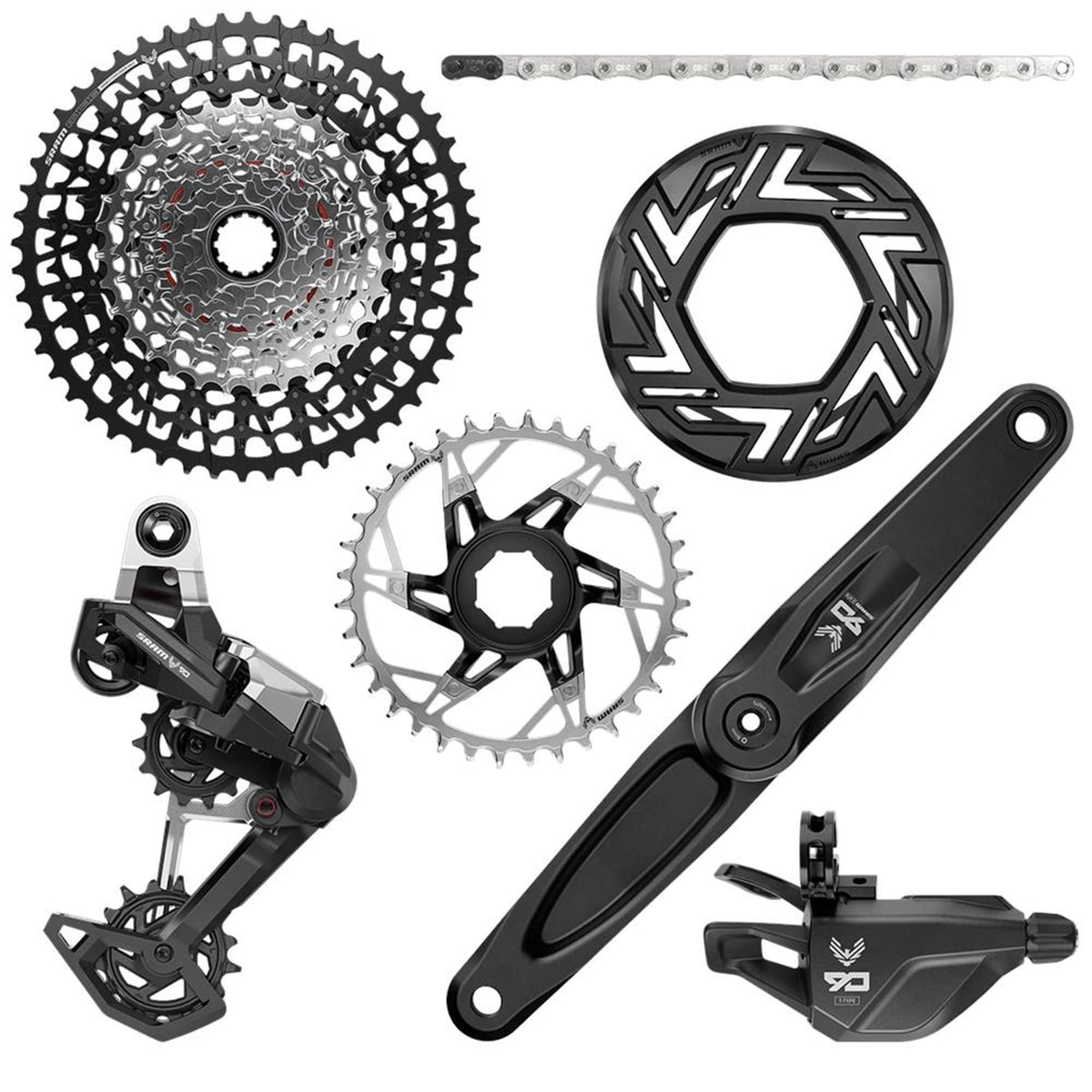 Sram Eagle 90 Dub Groupset EMTB Bcd (Rear Der Single Click Trigger Wclamp Cr 104Bcd T-Type 34T Clip-On Guard  Gx T-Type Chain 126L Cs Xs-1275 Blk 10-52T) Cranks Not Included MTB Groupset