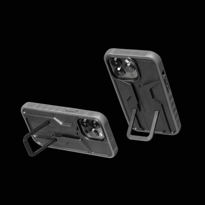 Topeak RideCase bike phone mount with adjustable stand for iPhone 13 Pro, durable accessories for cycling safety and convenience.