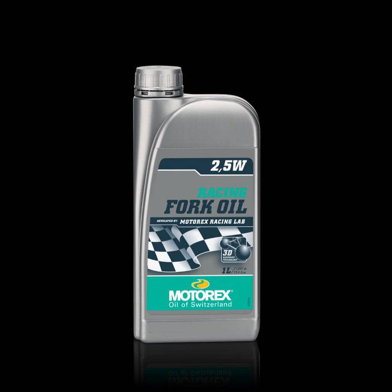 Motorex Racing Fork Oil with 3D Response Technology for high-performance motorcycle suspension in a workshop setting.
