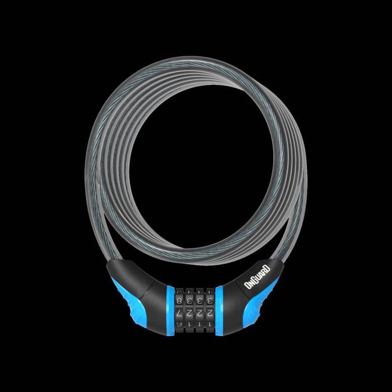 OnGuard Neon Combo Coil Cable Lock with DS Spring Free System for bikes and gear, featuring bright neon colors and secure locking mechanism.