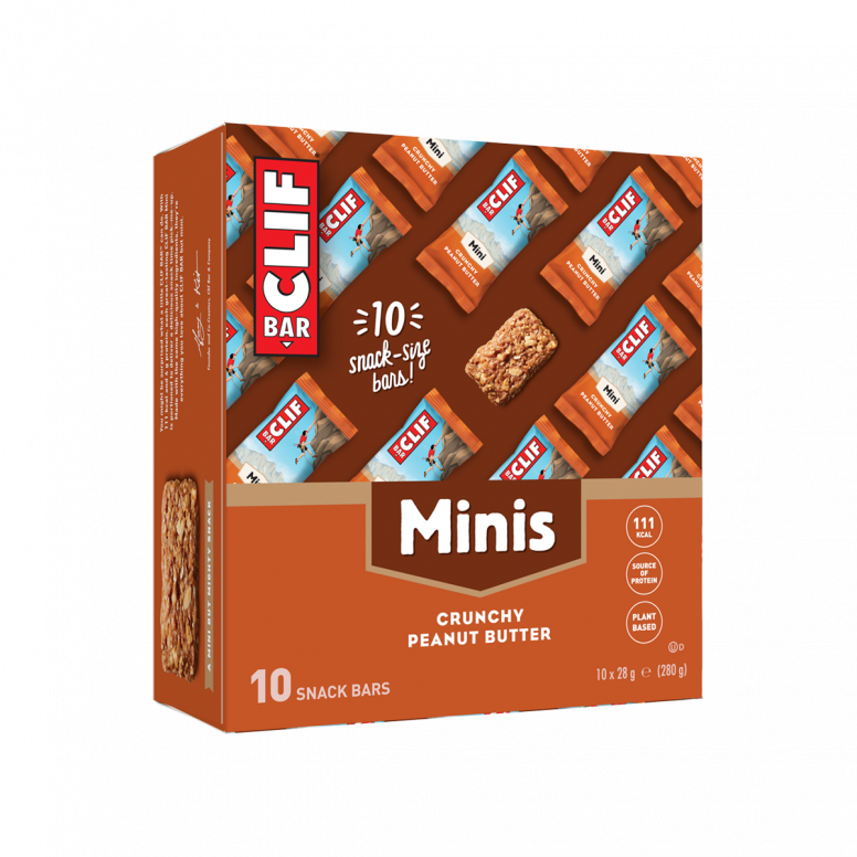 Pack of 10 Clif Bar Mini Energy Bars, plant-based protein snack, with colorful packaging and individual bars visible.