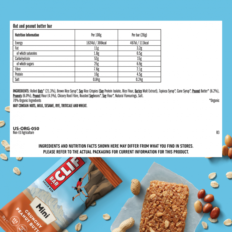 Clif Mini Energy Bars 10 pack, plant-based protein snack with assorted flavors, shown in a clear view of the snack package.