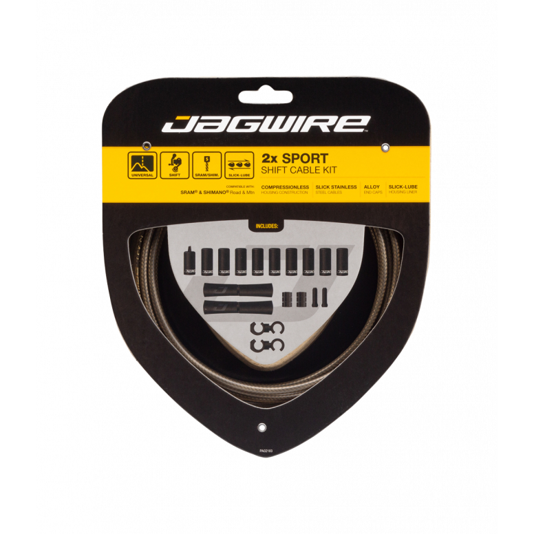 Jagwire Sport Shift Kit 2x for SRAM and Shimano bicycle gear shifters, showing cables and components for smooth gear shifting.