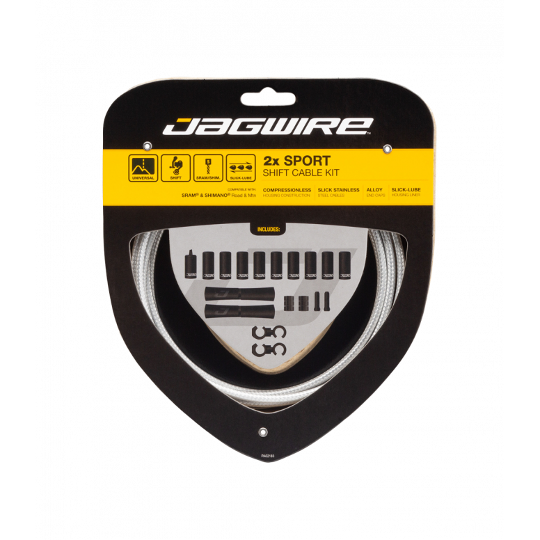 Jagwire Sport Shift Kit 2x for SRAM and Shimano components, featuring smooth and precise gear shifting for bicycles.