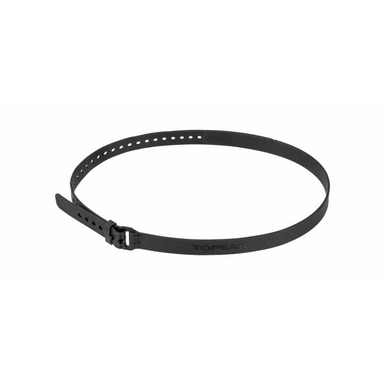 Topeak Omni Strap durable adjustable TPU gear and luggage strap for bike racks, shown in black with secure fastening.