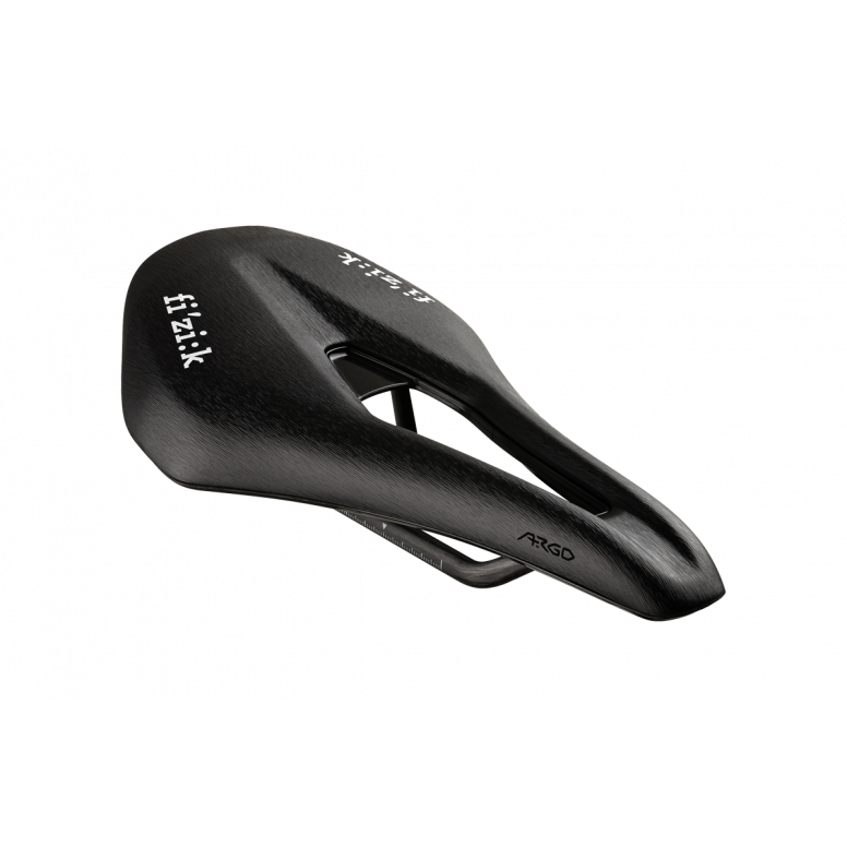 Fizik Argo R1 Light road bike saddle with short-nose design and central cutout, featuring sleek black and gray components.