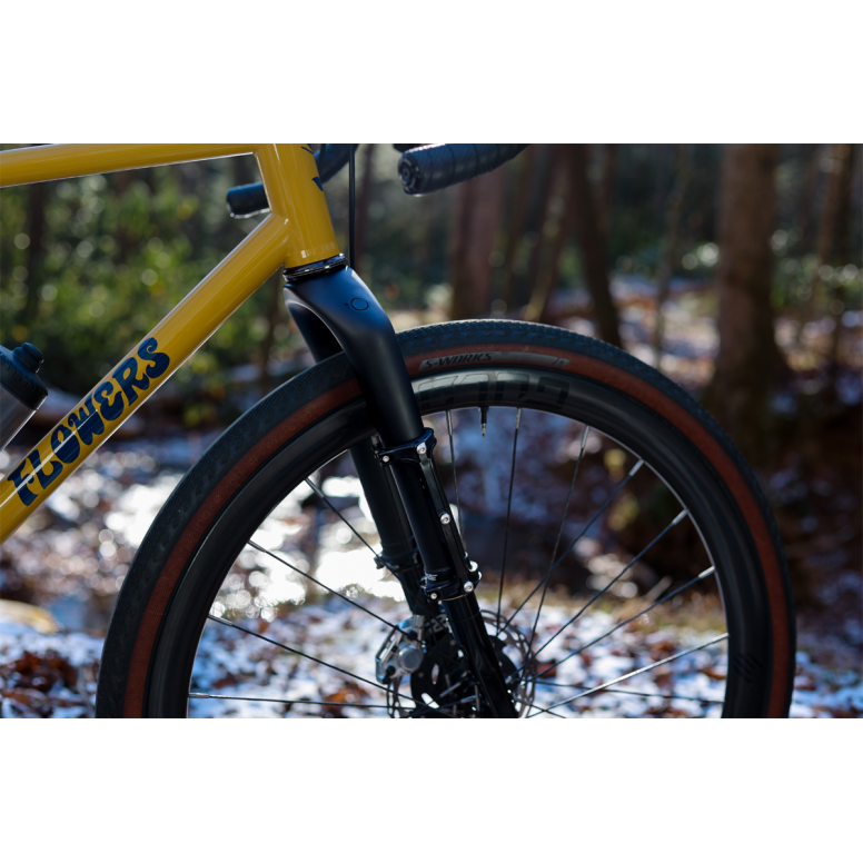 Cane Creek Invert Cargo Mount for bikepacking forks with 3-bolt interface, showing the black mount attached to a bicycle fork
