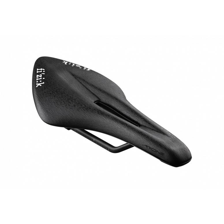 Fizik Arione R1 Light Carbon road and triathlon bike saddle with ergonomic cutout, lightweight design, and sleek black finish.
