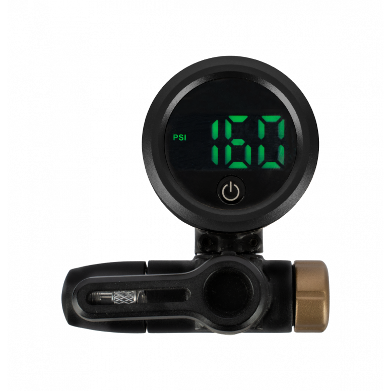 Topeak Shuttle Gauge Digital 2.0 tire pressure gauge showing pressure reading, compatible with Presta and Schrader valves.