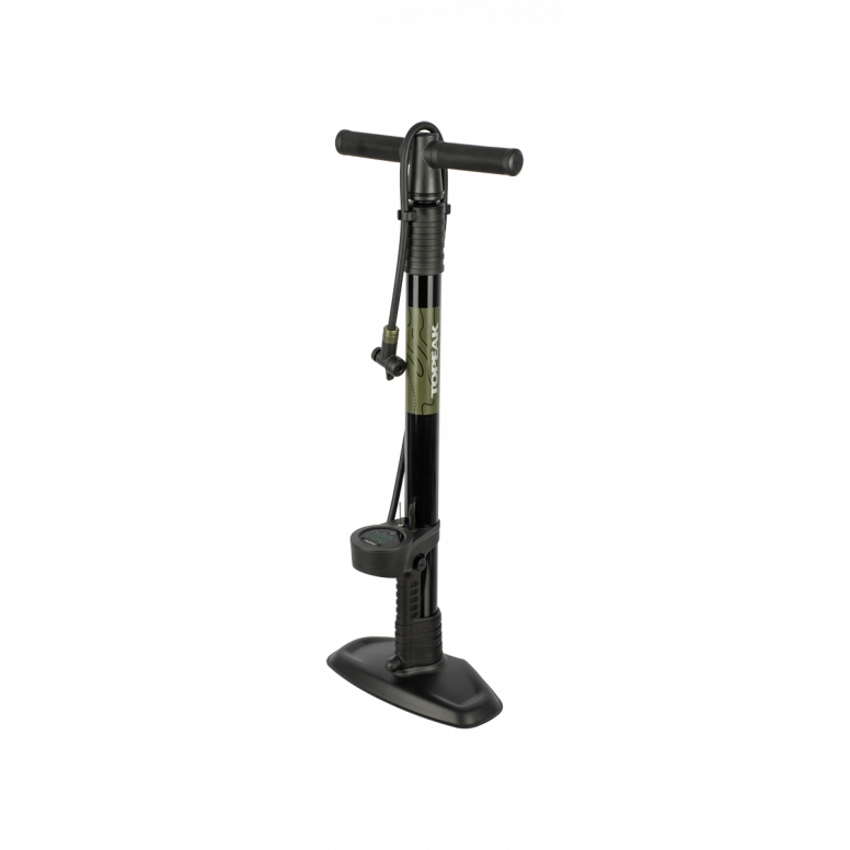 Topeak JoeBlow Mountain X digital floor pump with LED gauge and Presta valve compatibility for mountain bike tires.