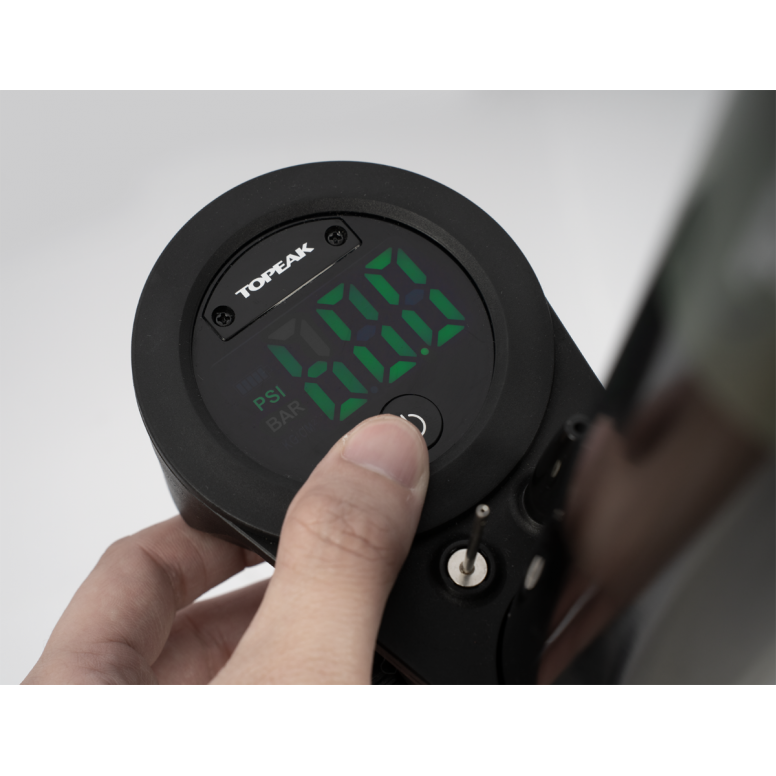 Topeak JoeBlow Mountain X digital floor pump with LED gauge, featuring a Presta valve nozzle for mountain bike tire inflation.