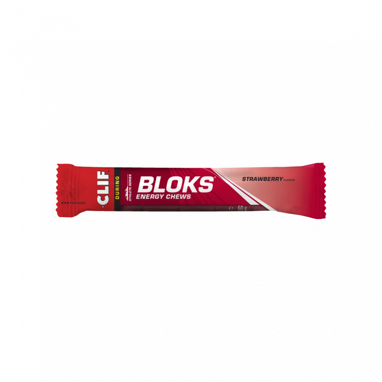 Clif Bloks Energy Chews in assorted flavors, fast-acting carbohydrate fuel for endurance athletes, shown in resealable pack.