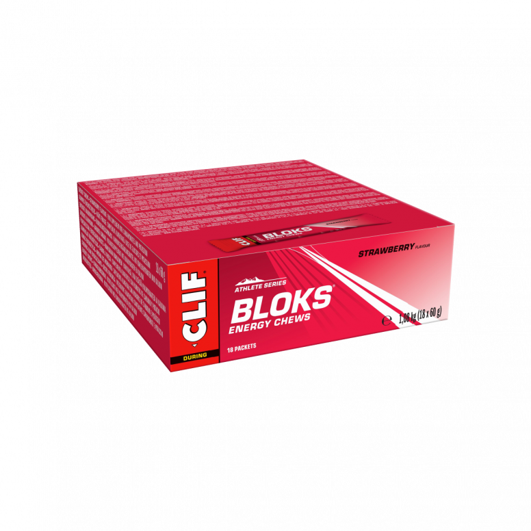 Clif Bloks Energy Chews in assorted flavors, fast-acting carbohydrate fuel for endurance athletes, in resealable package.