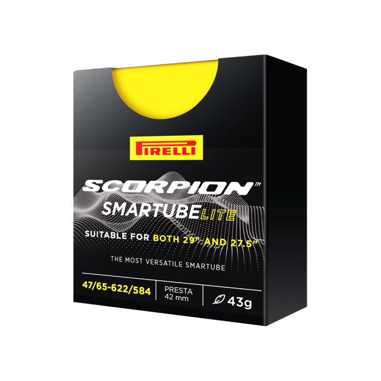 Pirelli Scorpion SmarTUBE Lite TPU inner tube for gravel and MTB wheels, shown inflated inside a bicycle wheel.
