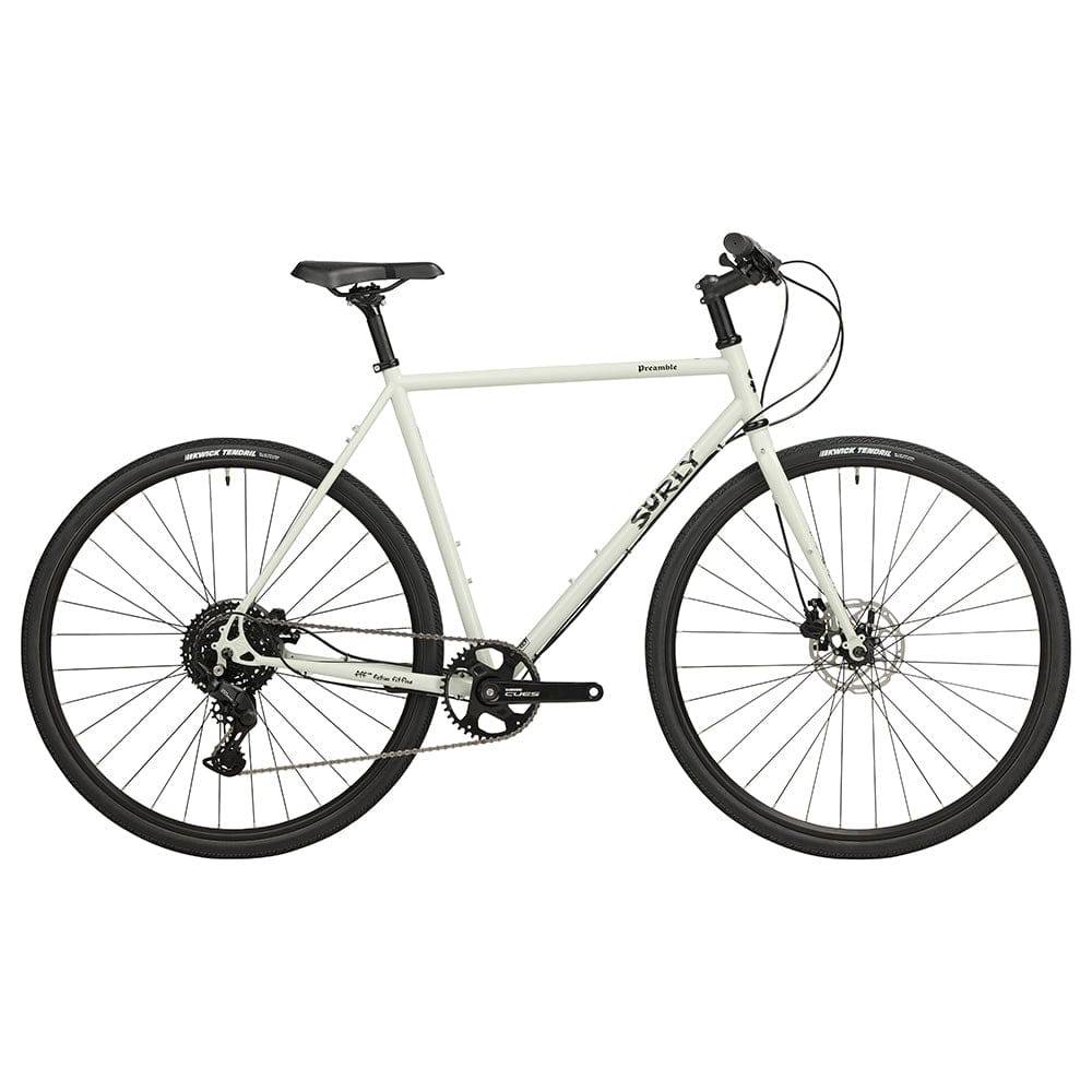 Surly Preamble flat bar bicycle with chromoly frame, equipped with rack and mudguard mounts for versatile riding.