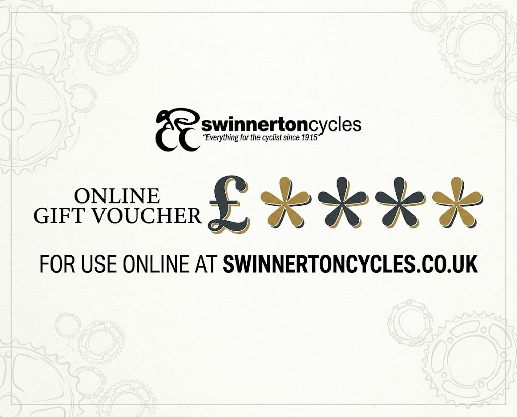 Swinnerton Cycles gift voucher, a flexible electronic gift card for cyclists, featuring cycling-themed design and branding.