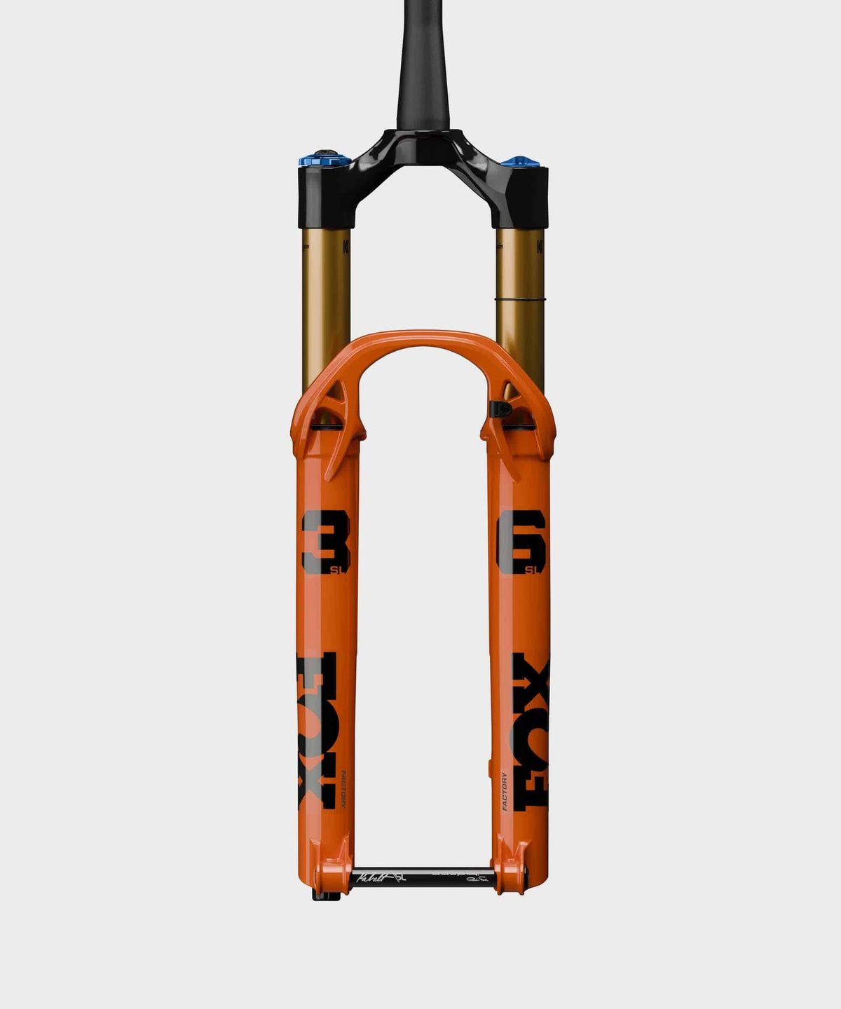 Fox 36 SL Float Factory GRIP X tapered mountain bike suspension fork with black stanchions and Fox logo, mounted on a bike.
