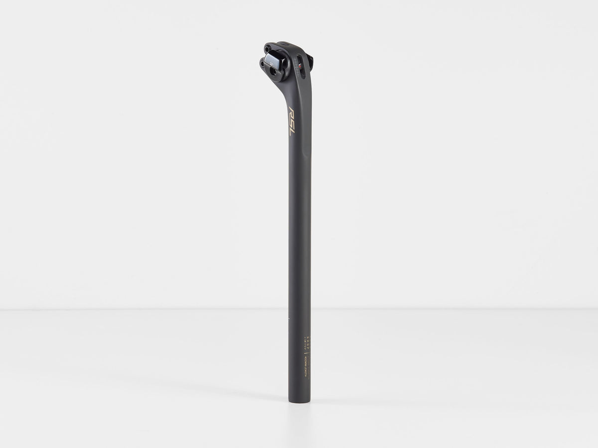 Bontrager RSL 27.2 carbon seatpost with adjustable 2-bolt clamp for bike saddle attachment and support.