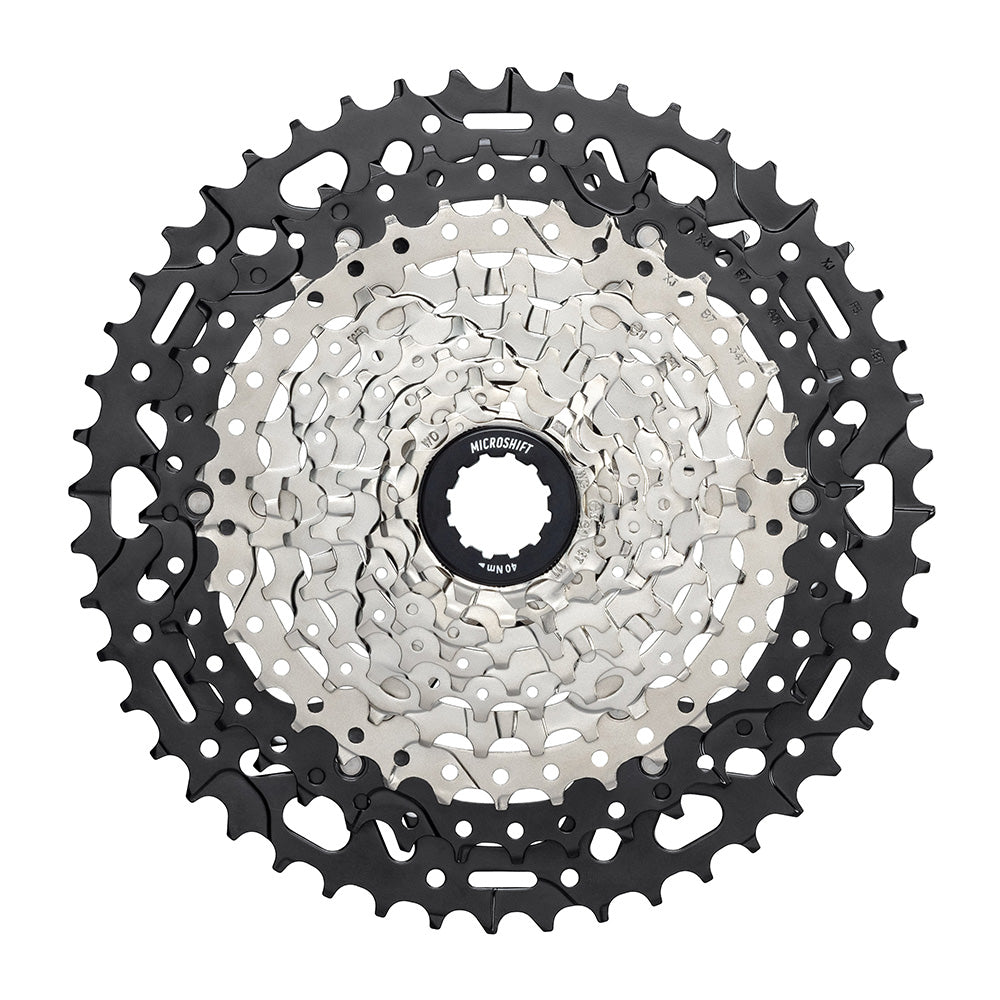 MicroSHIFT Advent MX EH106 10-speed cassette with SpeedRamp technology for e-bikes, shown with gear teeth and black finish.