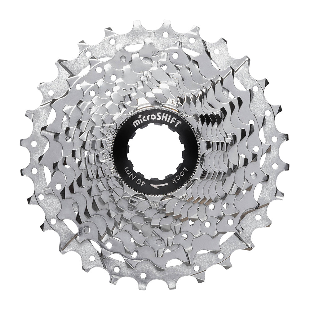 MicroSHIFT G-Series 11-speed road bike cassette with aluminum spider carrier for smooth gear shifting on cycling components.