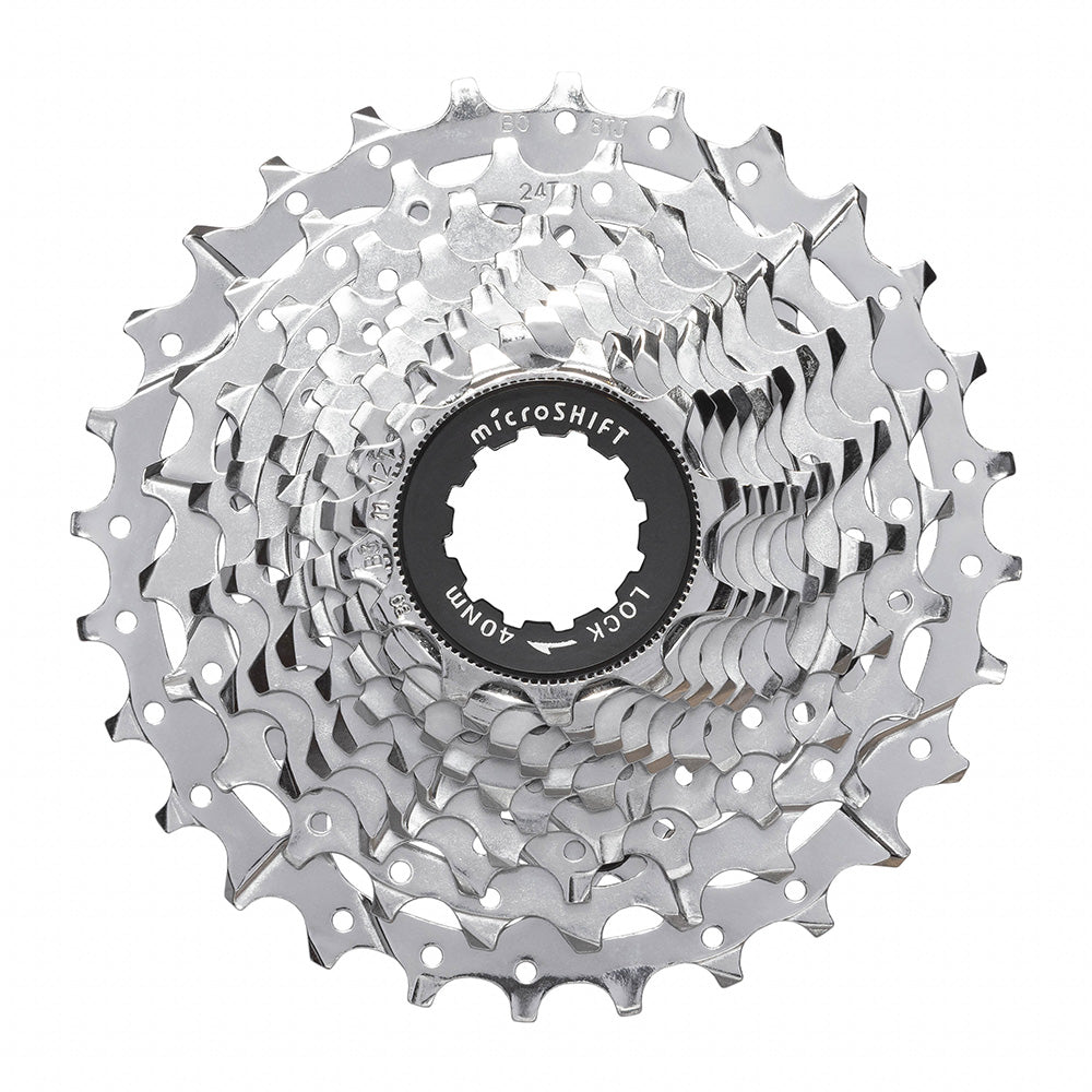 MicroSHIFT H-Series 11-speed road bike cassette with steel chrome-plated 11-34T gears, featuring durable construction and precise shifting.