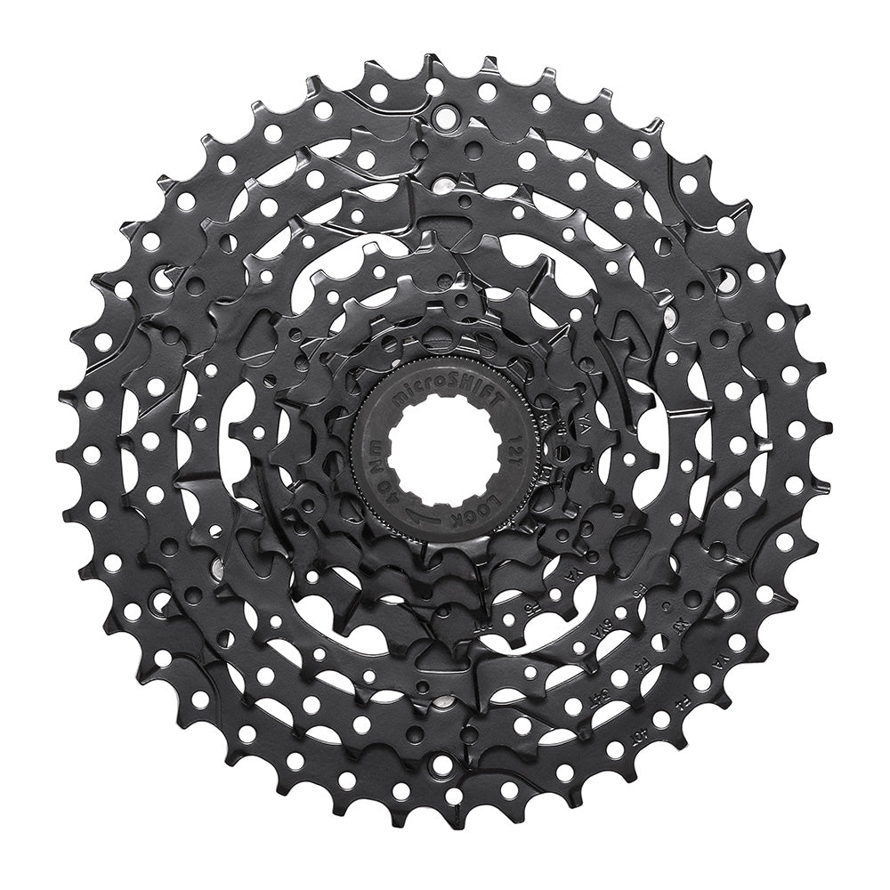 MicroSHIFT H-Series 7-speed 12-40T cassette for Shimano HG compatible bike gears, shown with metal sprockets and gear teeth.