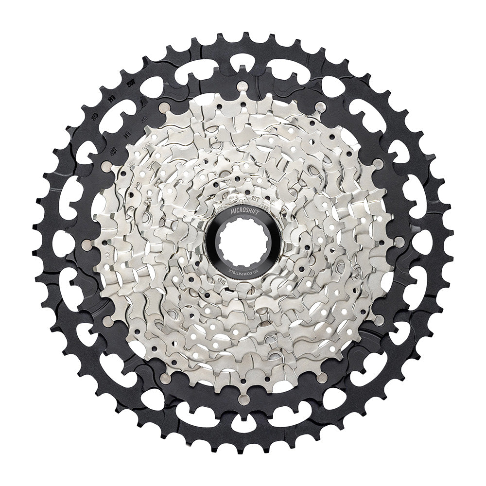 MicroSHIFT Advent MX XD116 11-speed cassette with SpeedRamp technology for e-bikes, shown with gear teeth and branding.