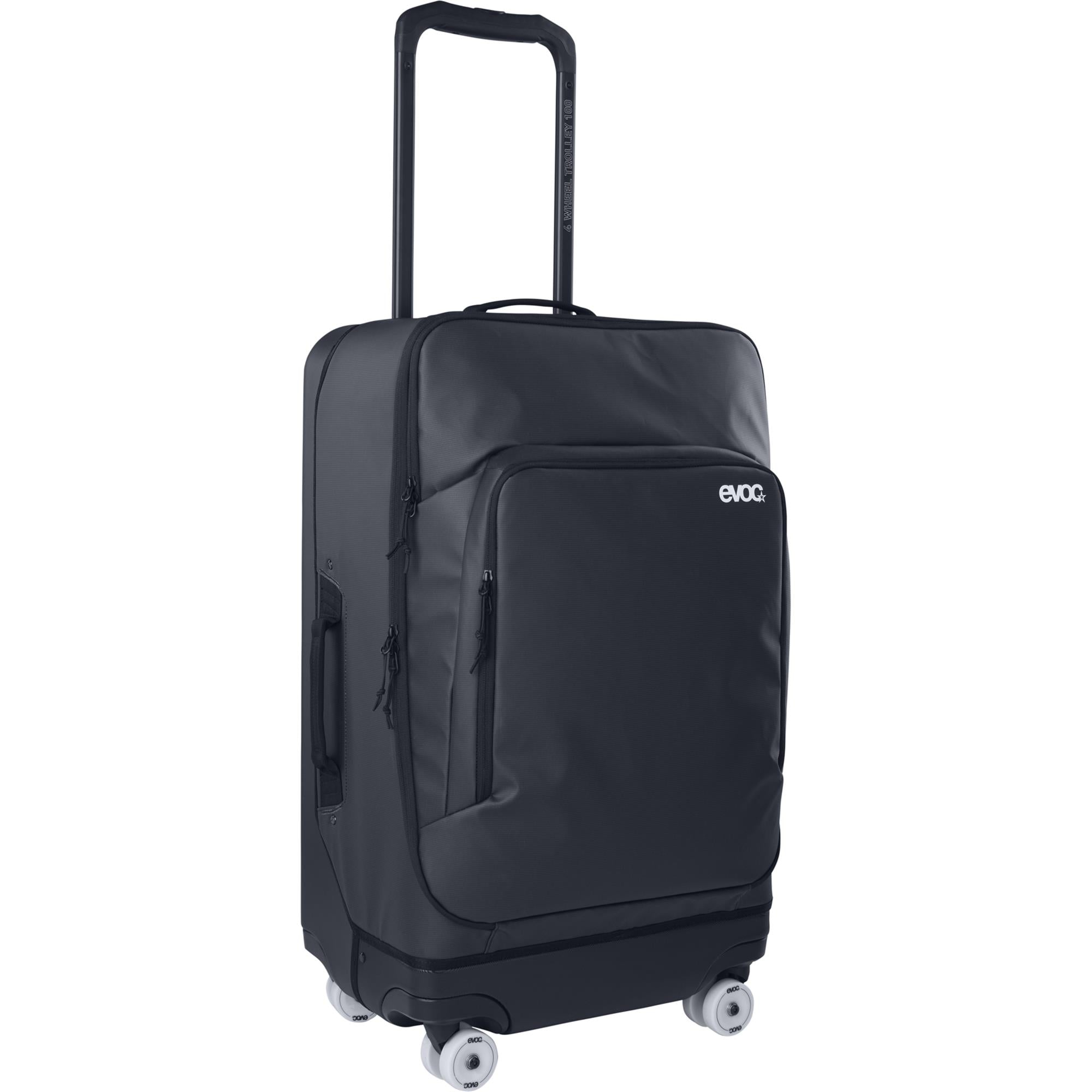 EVOC 4-Wheel Trolley 100L with replaceable skate wheels and organizer for versatile travel and gear transport.