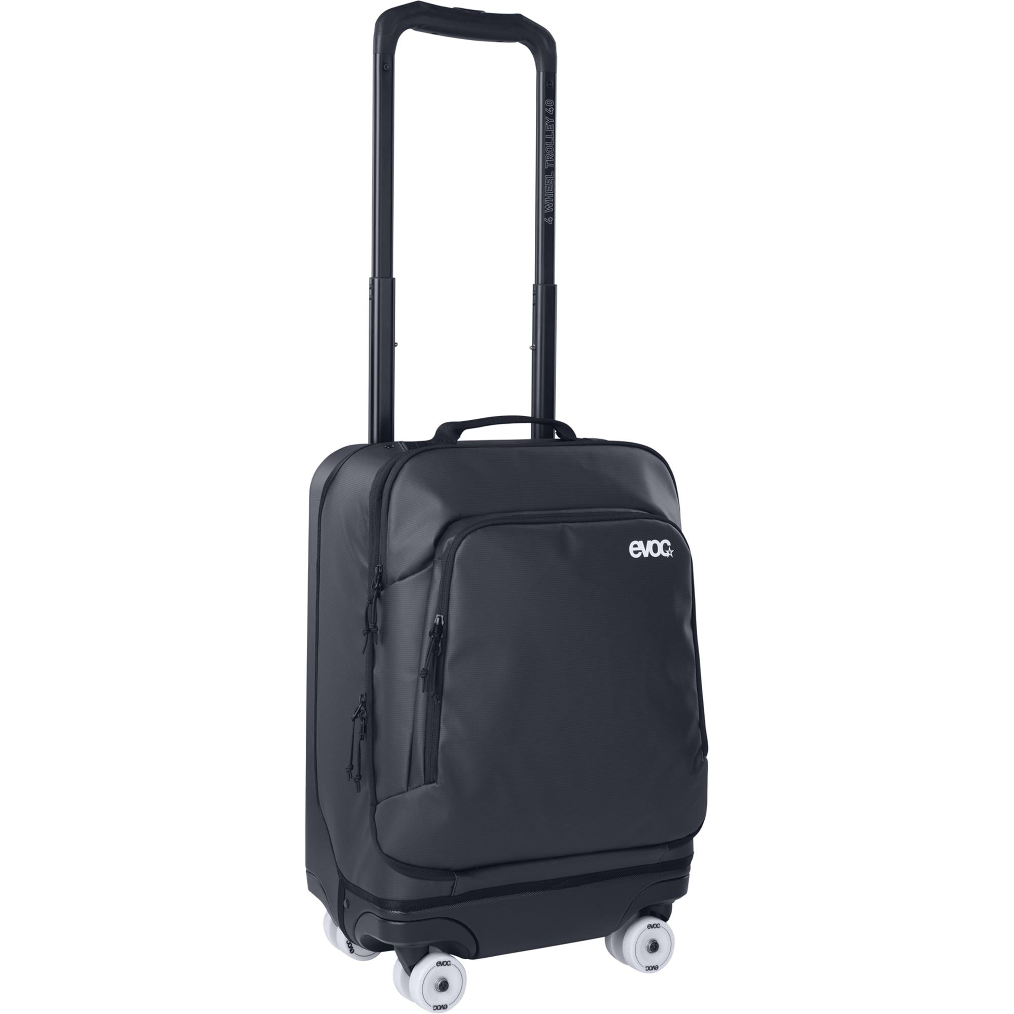 EVOC 4-wheel trolley carry-on luggage with 40L capacity, replaceable skate wheels, durable travel accessories.