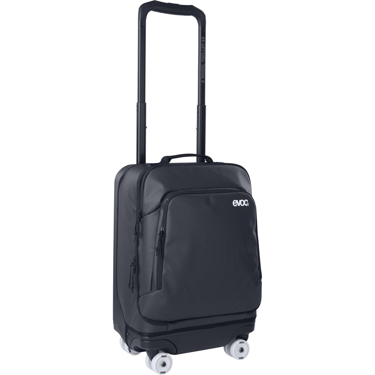 EVOC 4-wheel trolley carry-on luggage with 40L capacity, replaceable skate wheels, durable travel accessories.