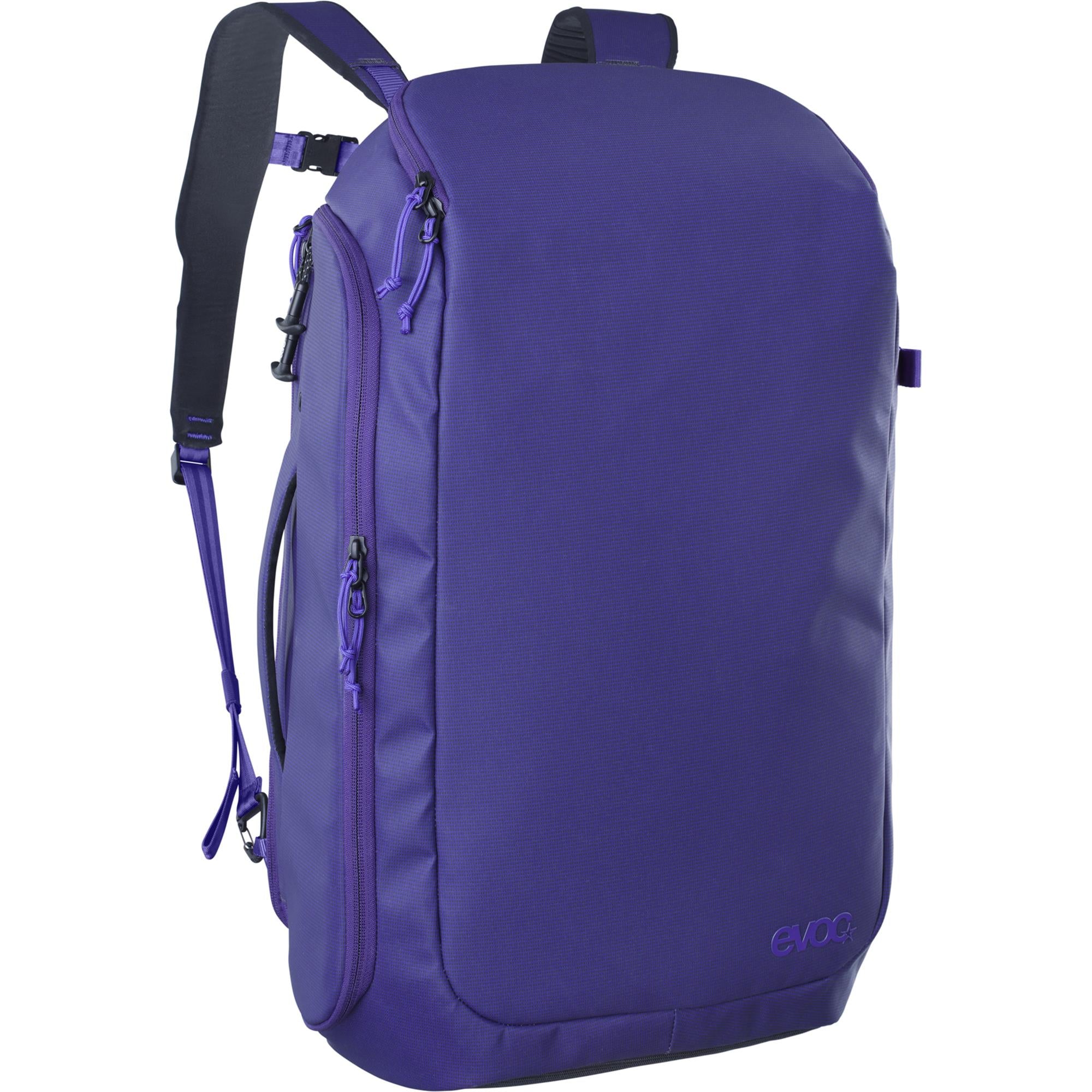 EVOC Athlete 30L backpack with carry-on size, laptop compartment, black travel accessory for athletes and travelers.