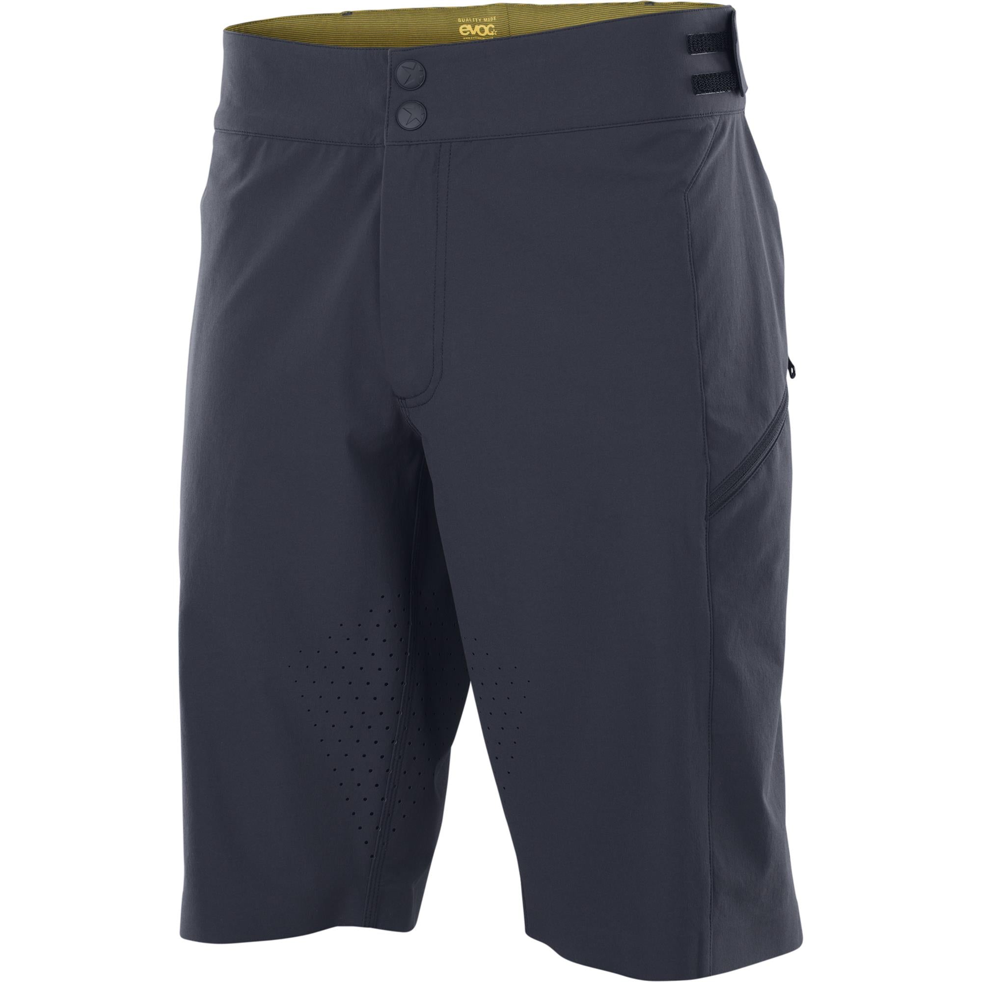 EVOC men's bike shorts with breathable fabric and adjustable waistband, designed for mountain biking comfort and performance.