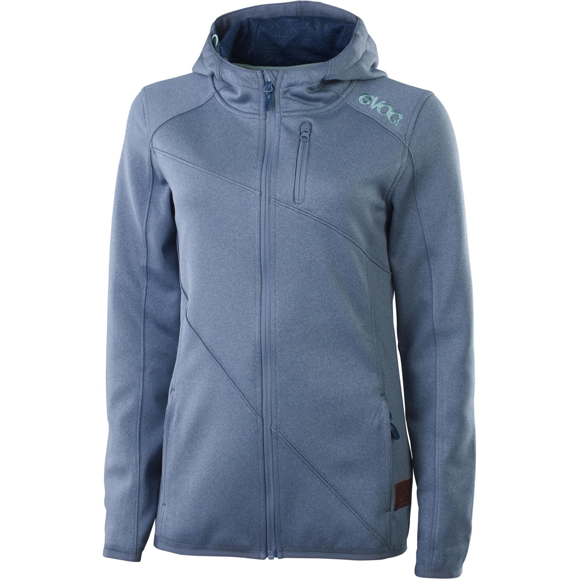 EVOC women's hoody jacket with helmet-compatible hood and fleece lining, perfect for outdoor activities and cold weather.