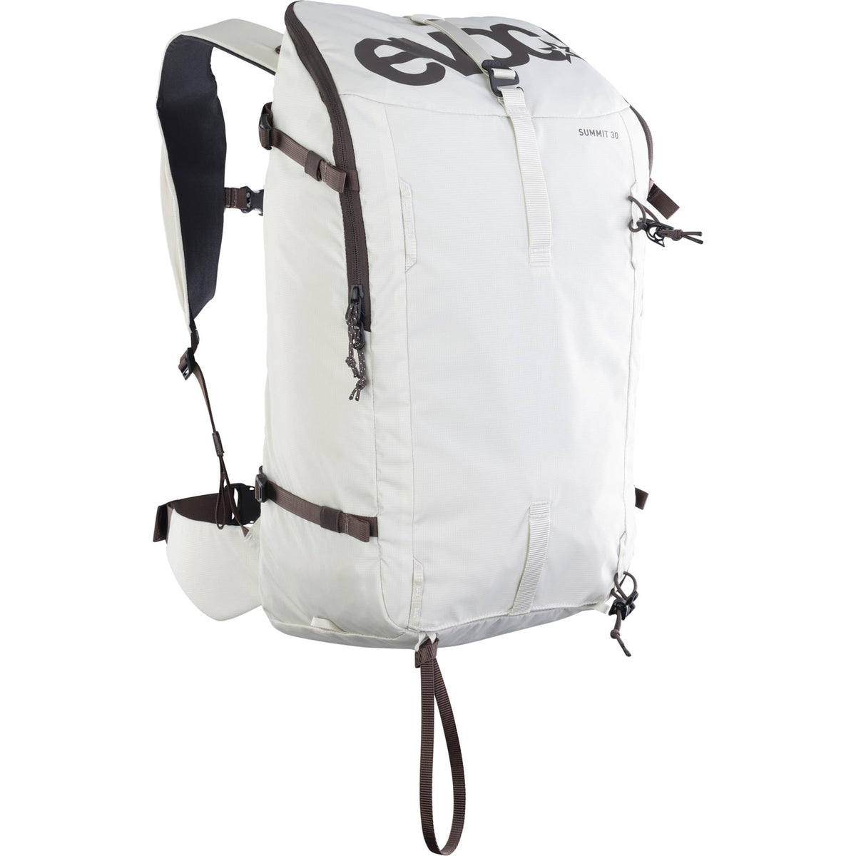 EVOC Summit 30 ski touring backpack with avalanche gear storage and hydration compatibility, shown with gear and straps.