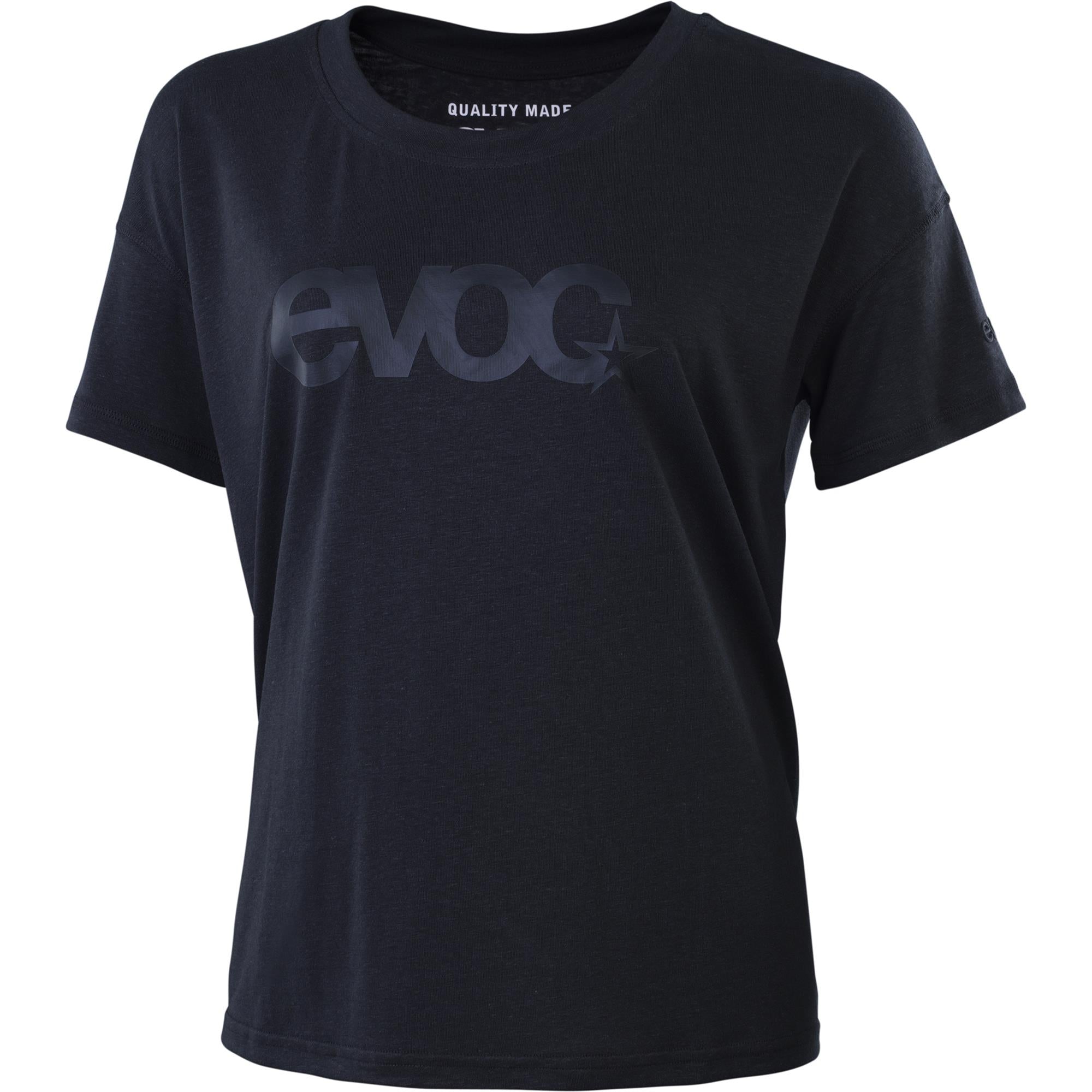 Women's EVOC logo t-shirt made from sustainable hemp and recycled polyester, featuring a stylish design and comfortable fit.