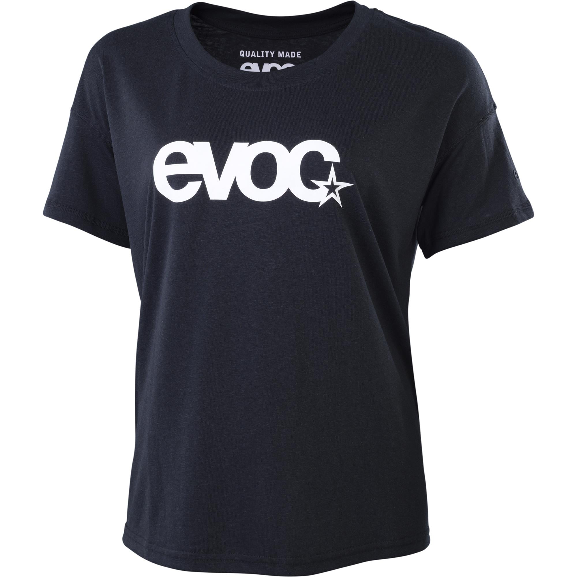 EVOC women's logo T-shirt made from sustainable hemp and recycled polyester, featuring a simple chest logo on light-colored fabric