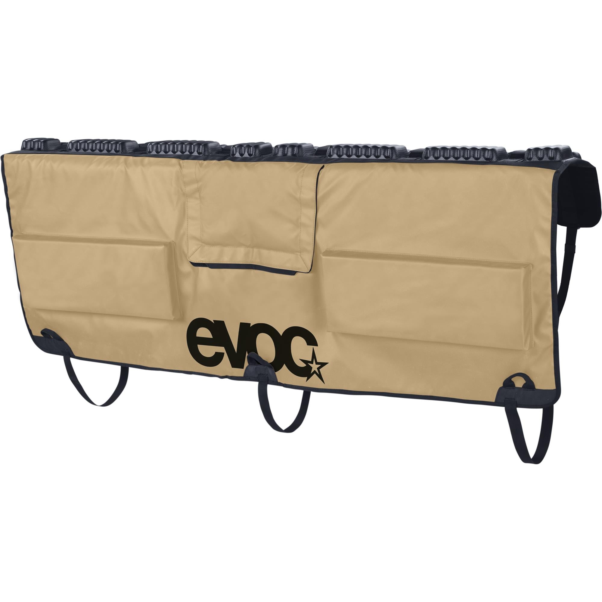 EVOC Tailgate Pad 2026 padded pickup truck cover for transporting multiple bikes, shown installed on a truck tailgate.