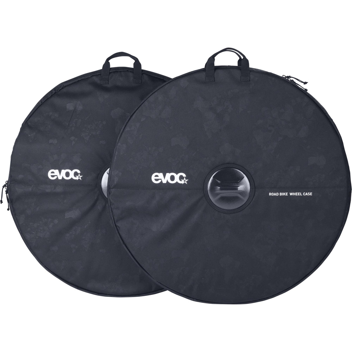 EVOC Road Bike Wheel Case set with reinforced axle protection and carry handles for secure transport of bike wheels.