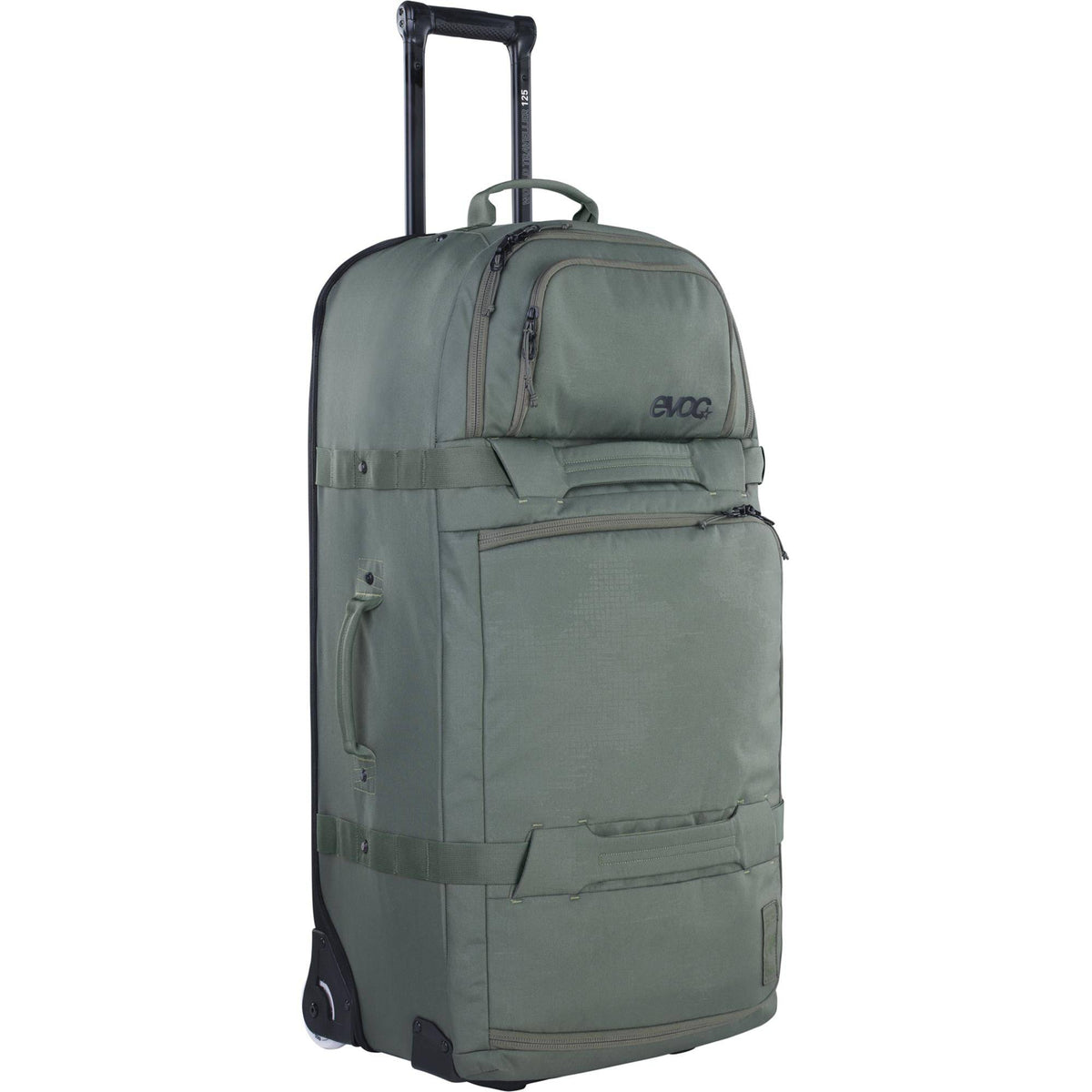 EVOC World Traveller 125L suitcase with wardrobe-style organization and replaceable wheels, durable travel accessory.