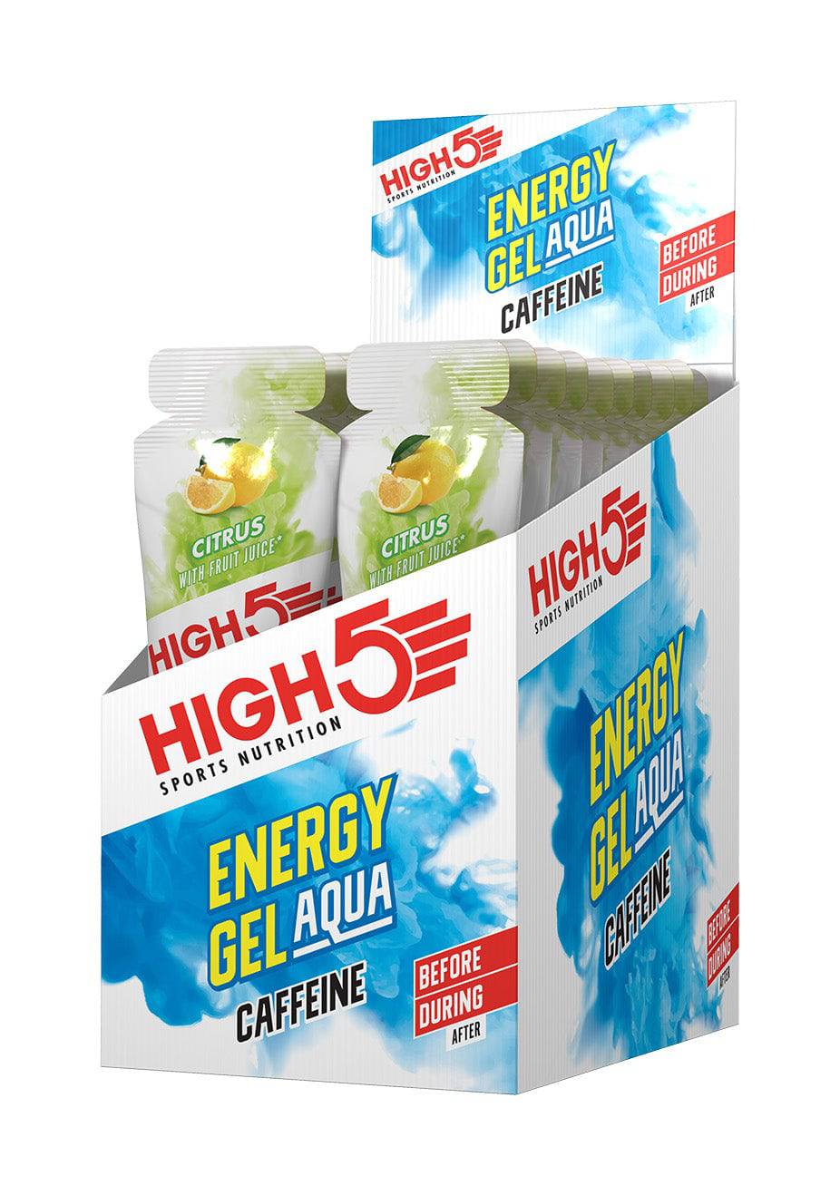 High5 Energy Gel Aqua Caffeine citrus flavor in a 66g pouch, a hydrating sports fuel with 30mg caffeine for active athletes.