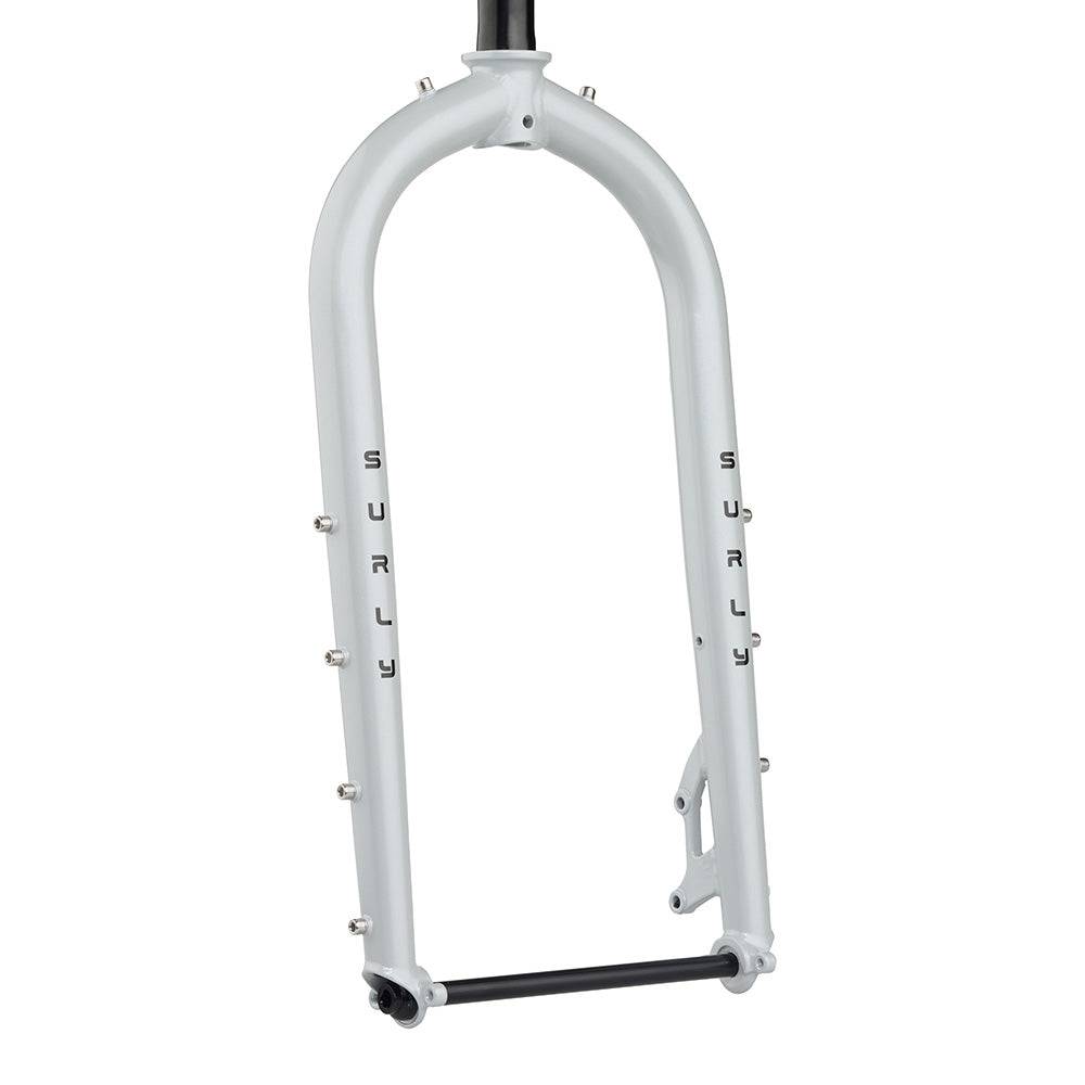 Surly Moonlander fat bike fork with 12x197mm thru-axle, disc brake mounts, black steel construction, mounted on a fat bike.