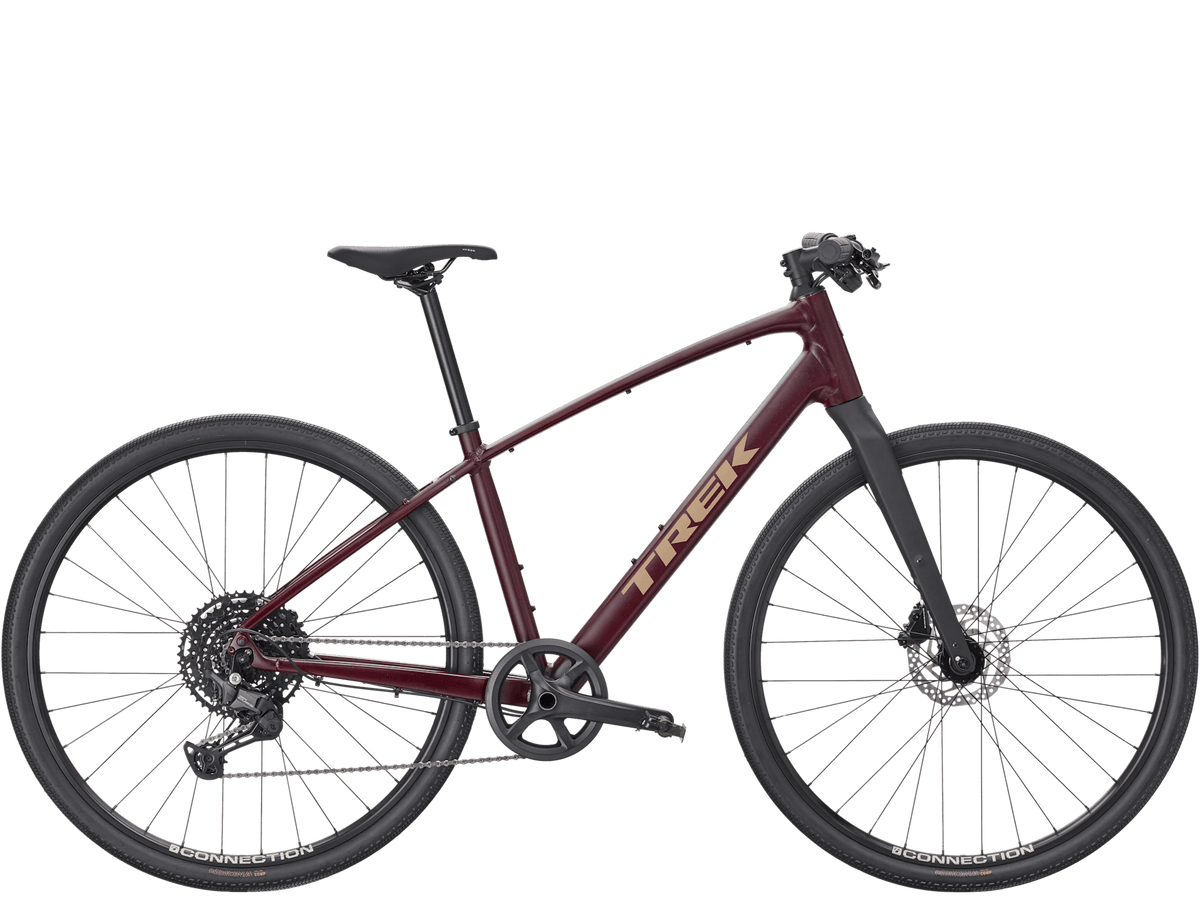 Trek FX Sport AL 3 hybrid bike with Shimano 105 shifters, lightweight alpha aluminum frame, flat bar design for fitness riding