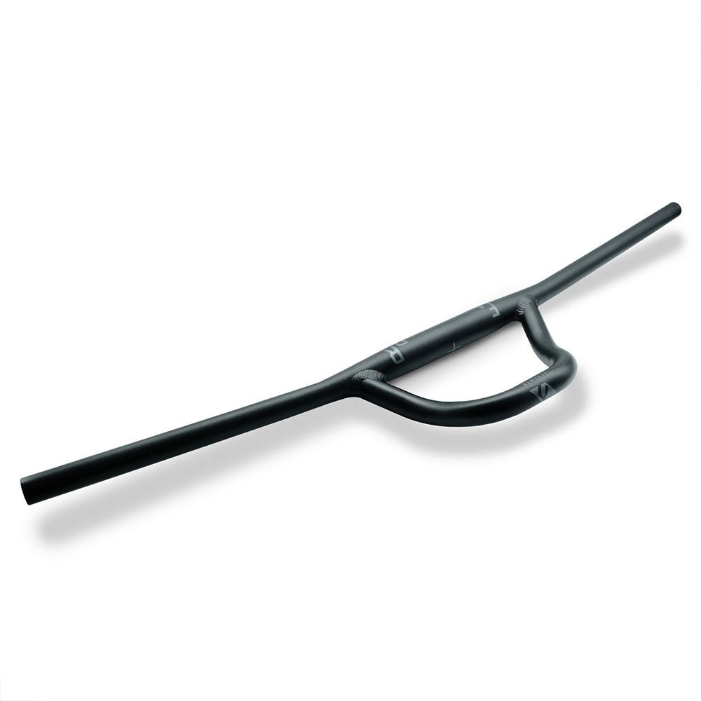 FARR Alloy Aero MTB handlebar with 760mm rise and 31.8mm clamp, shown from the front side on a mountain bike.
