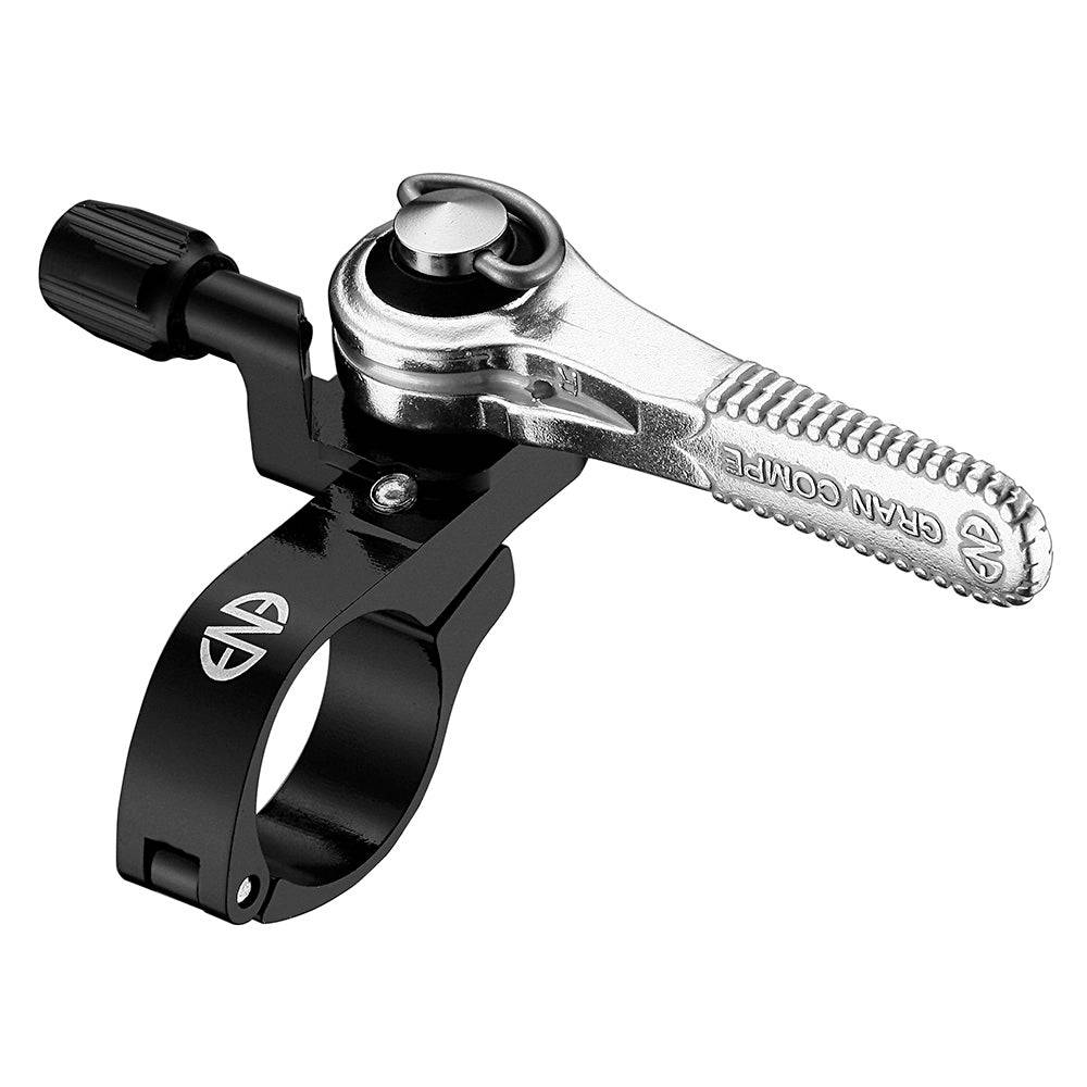 Dia-Compe ENE thumb road shifters with cable adjuster for 8, 9, and 10-speed bike components, shown on a bicycle handlebar.