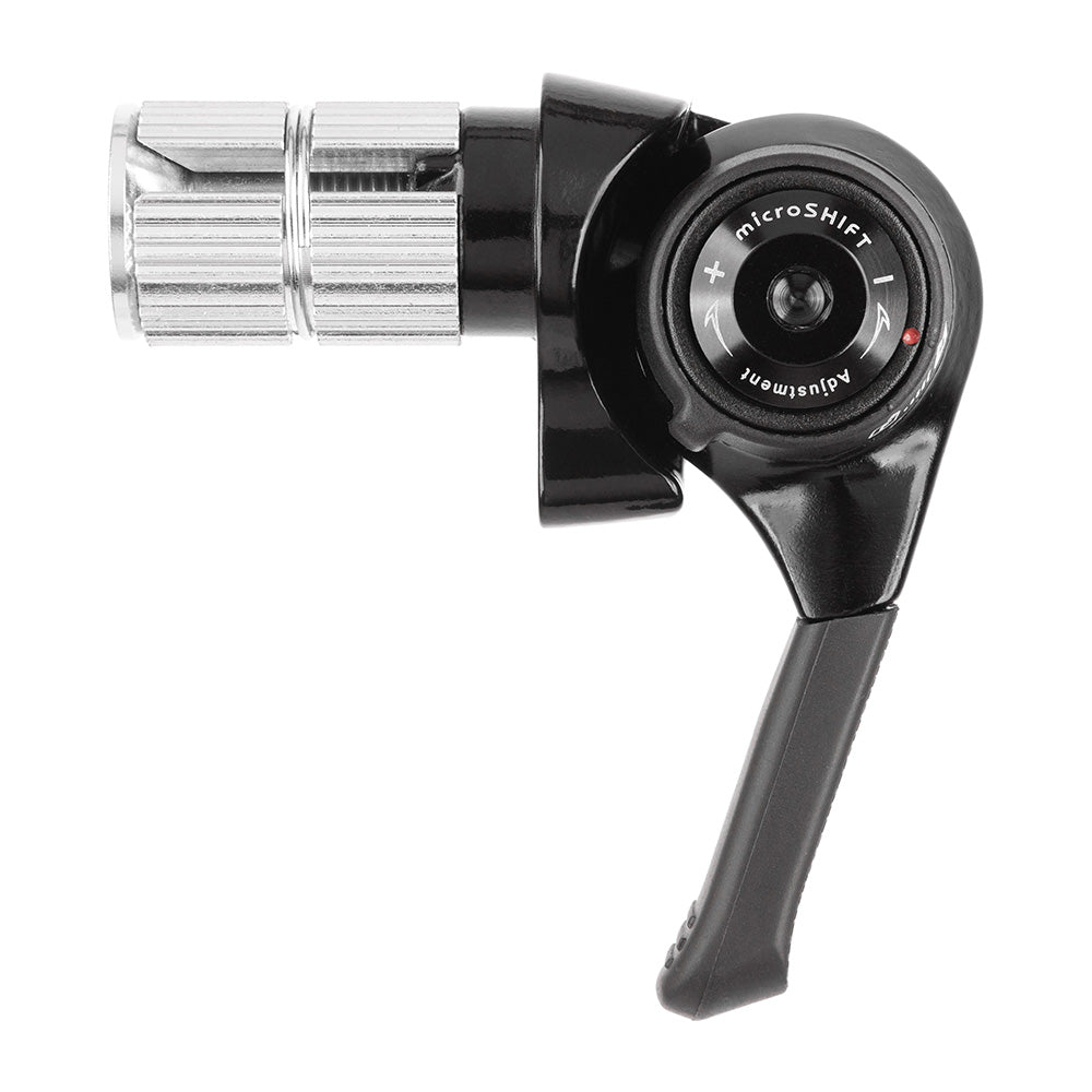 MicroSHIFT Sword 10-speed bar end shifters with indexed and friction modes, mounted on bicycle handlebars for precise gear shifting.