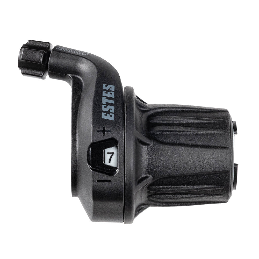 MicroSHIFT Estes 7-speed twist shifter for mountain bikes with clear gear indicator and durable components.
