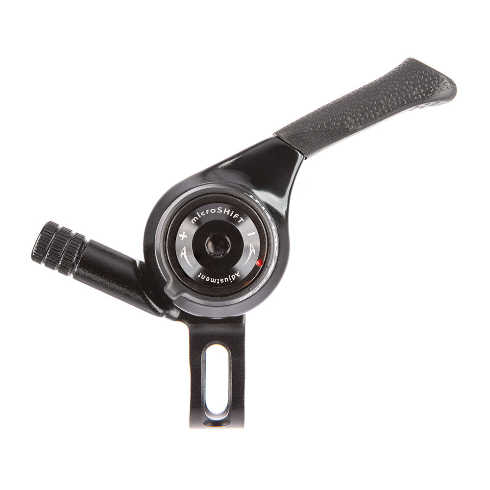 MicroSHIFT MT thumb shifters for 9-speed MTB with indexed and friction modes, showing the ergonomic design and gear selector buttons.